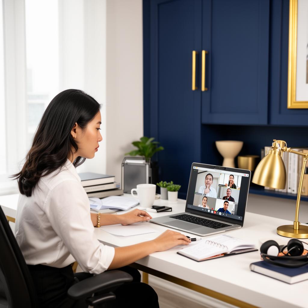Filipino professional working remotely from a modern home office on a video call